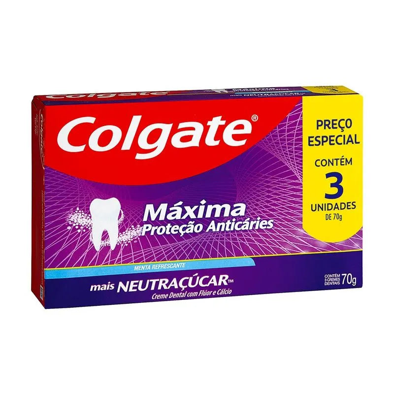 Colgate Creme Dental Máxima Proteção Anticáries e Neutraçúcar 70g - Kit com 03 Unidades