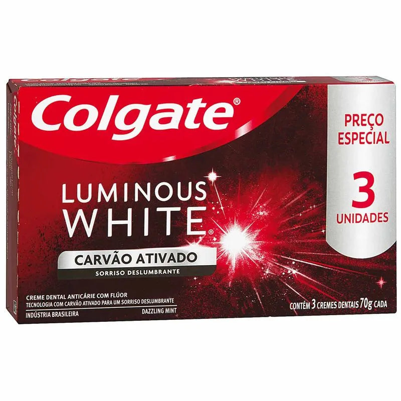 Colgate Creme Dental Luminous White Carvão Ativado 70g - Kit com 03 Unidades
