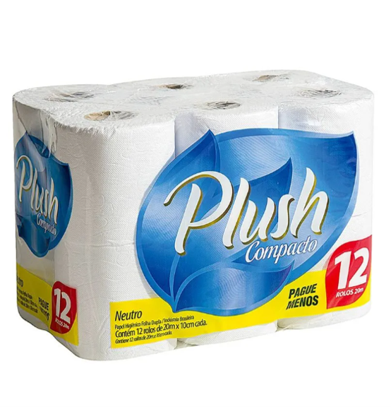 Papel Higiênico Folha Dupla Plush Compacto 12 Rolos 20m