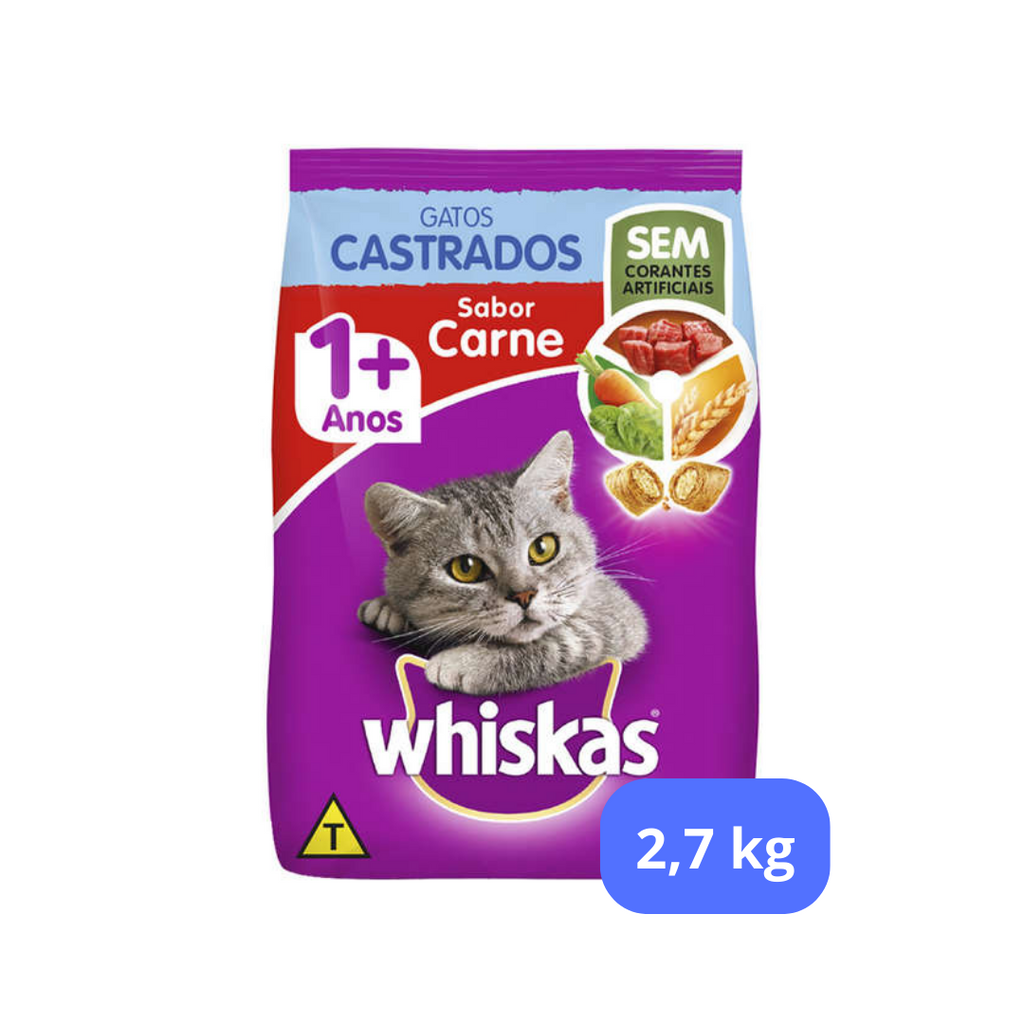 Whiskas Ração Sabor Carne 1+ Anos Gatos Castrados 2,7kg