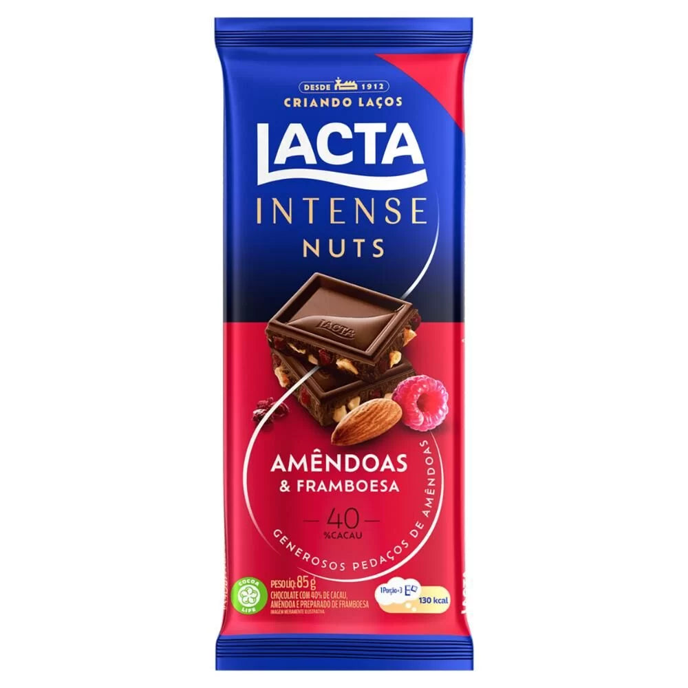 Chocolate Lacta Intense Nuts Amêndoas & Framboesa 40% Cacau 85g