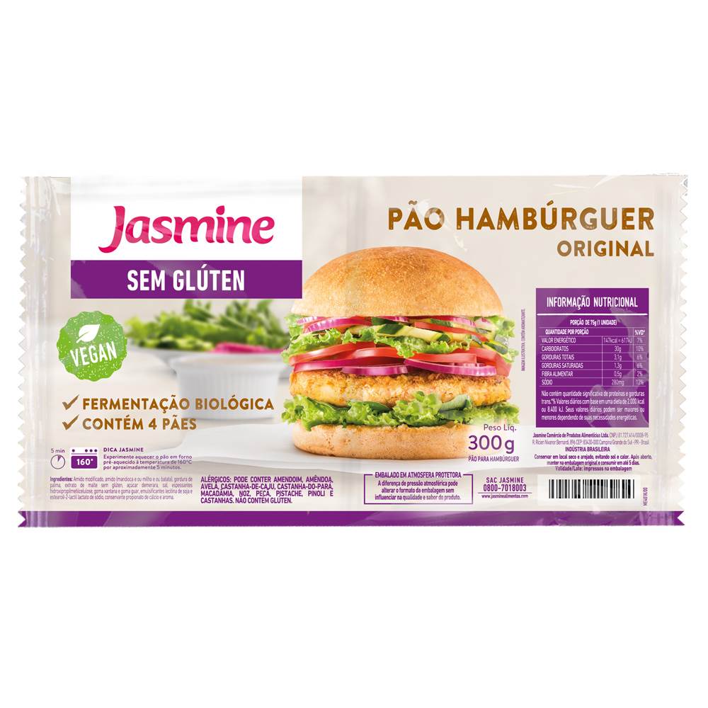 Jasmine Pão de Hambúrguer Original Sem Glúten 300g